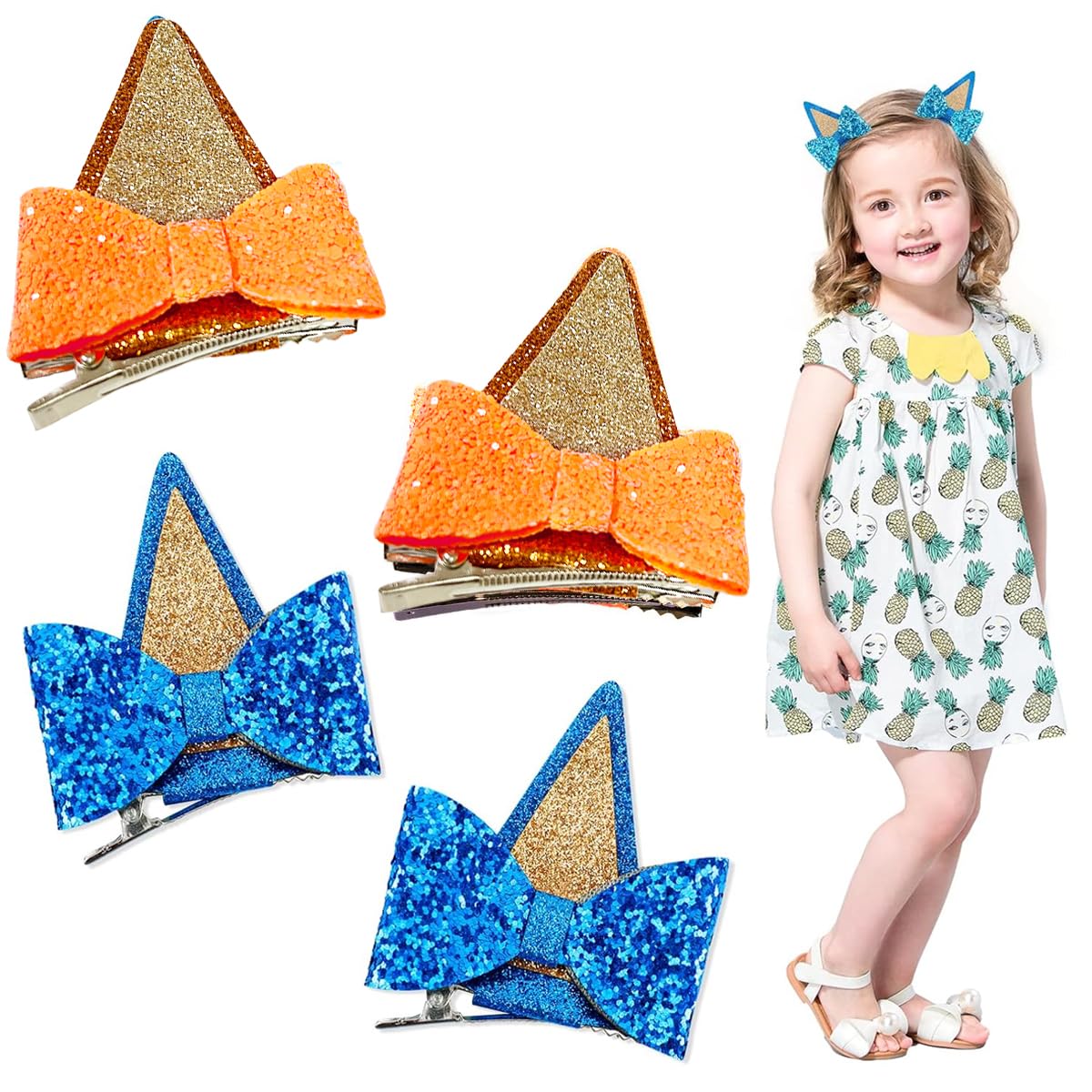 PALAY Dog Ear Bow Hair Clips for Toddlers and Kids featuring Glitter Sequin Bows Blue and Apricot | Party and Costume Accessories