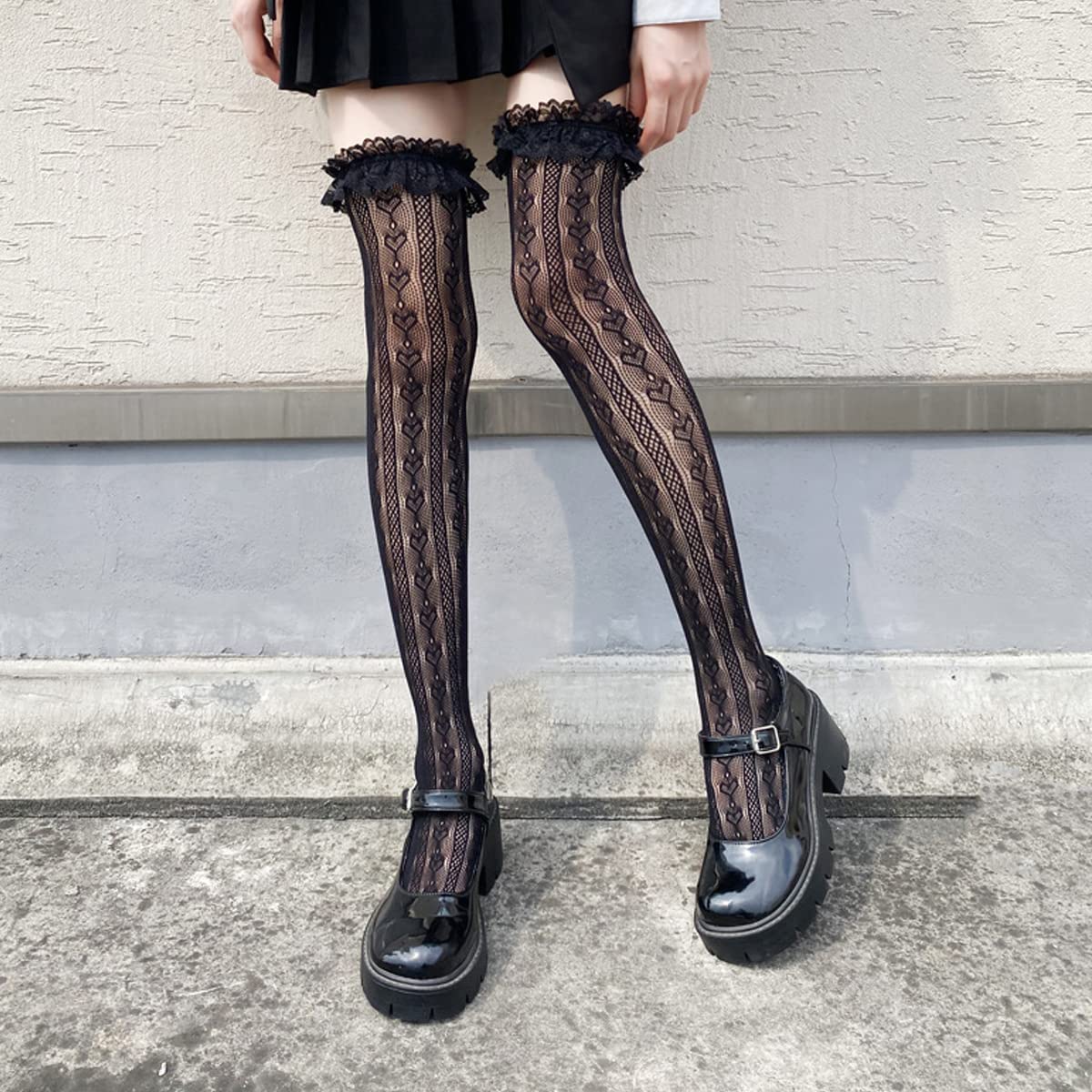 PALAY Lace Knee Length Socks for Women featuring 22.44 in Length and Ruffled Mesh | Black One Pair