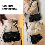 PALAY Shoulder Bag for Women 27x7x16 cm with Braided Accents and Metallic Eyelets | Black PU Hobo
