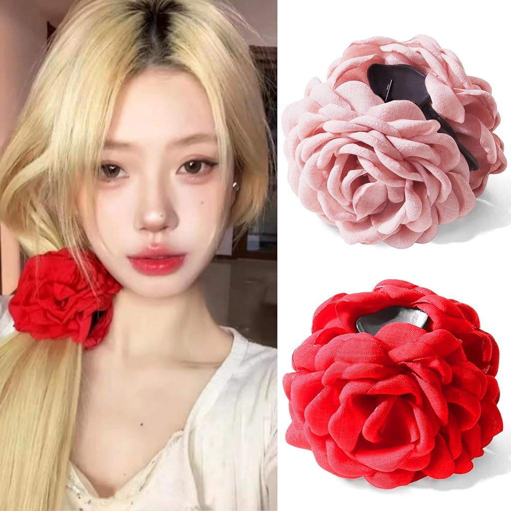 PALAY® 2Pcs Rose Hair Claws Clips for Women 3.5 Inch Flower Claw Clips Summer Hawaii Fashion Flower Hair Clips Women Hair Accessories - Pink & Red
