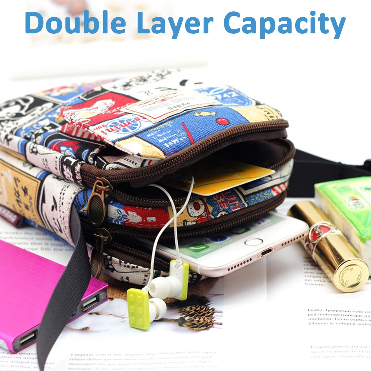 PALAY Cute Canvas Phone Sling Bag for Daily Use with 12x6x17 cm Multi Pocket Design | Vintage Cartoon Print Crossbody Pouch