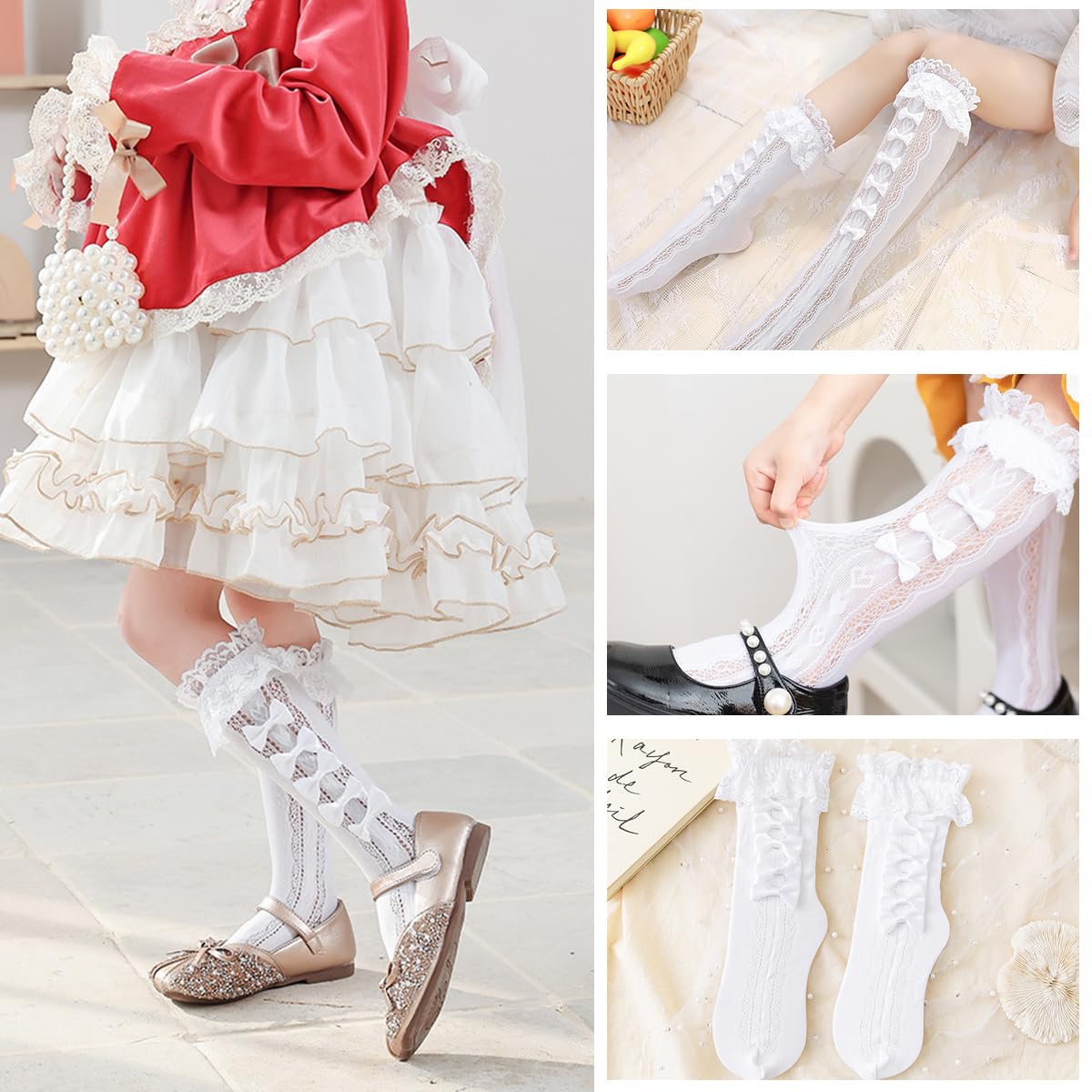 PALAY Lace Topped Calf Length Socks for Girls with Kawaii Bow Design 3 PCS | Lolita Fashion
