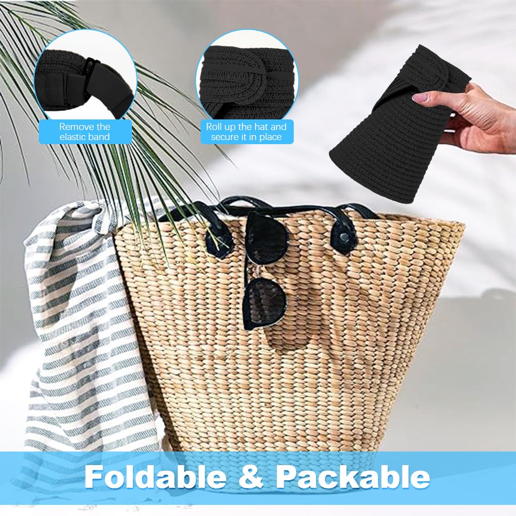 PALAY Womens Sun Straw Hat for Beach and Travel with UPF 50+ Wide Brim | Black Summer Visor