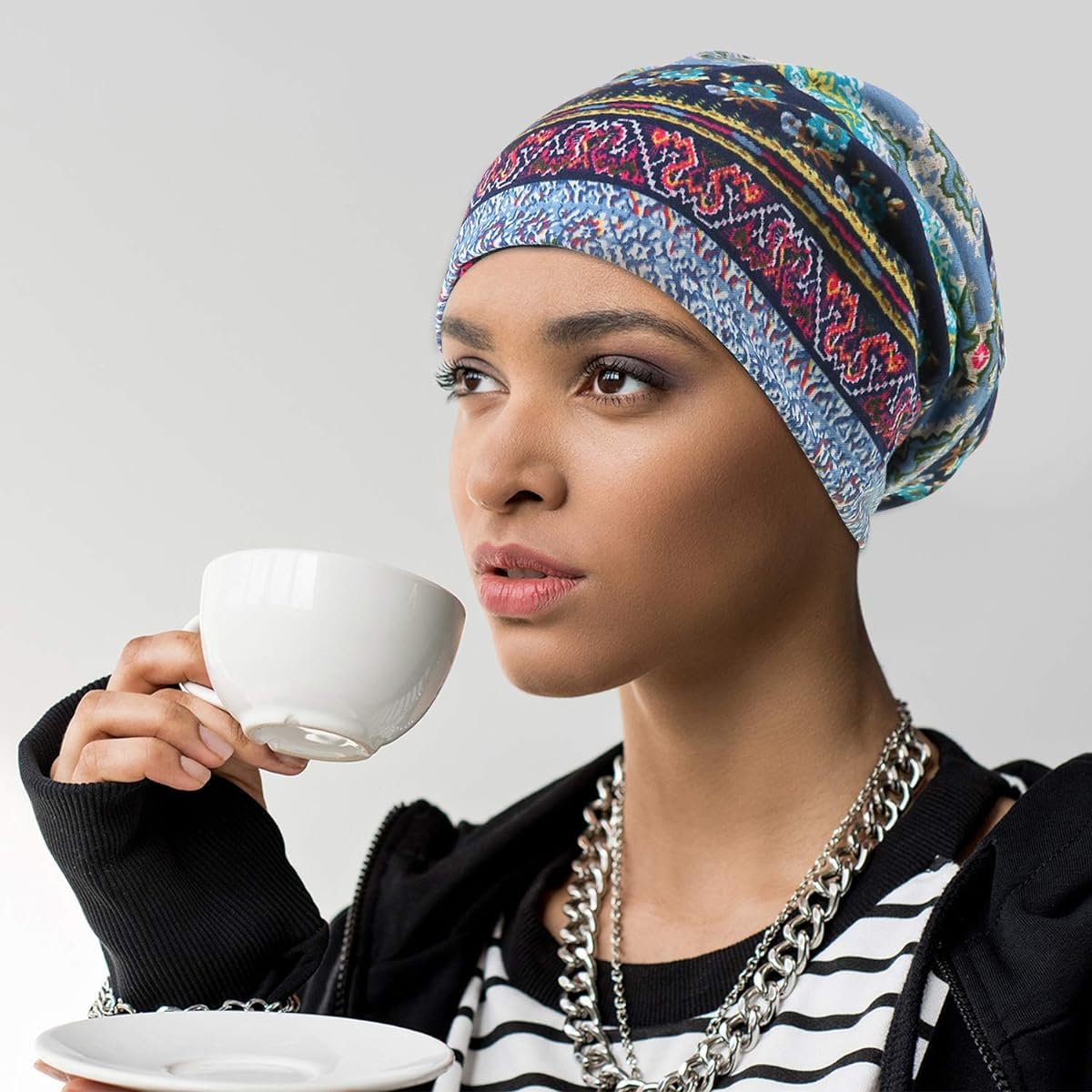 PALAY Beanie Cap for Women featuring Two Openings 27x28cm Polyester Spandex Fabric | Floral Boho Style