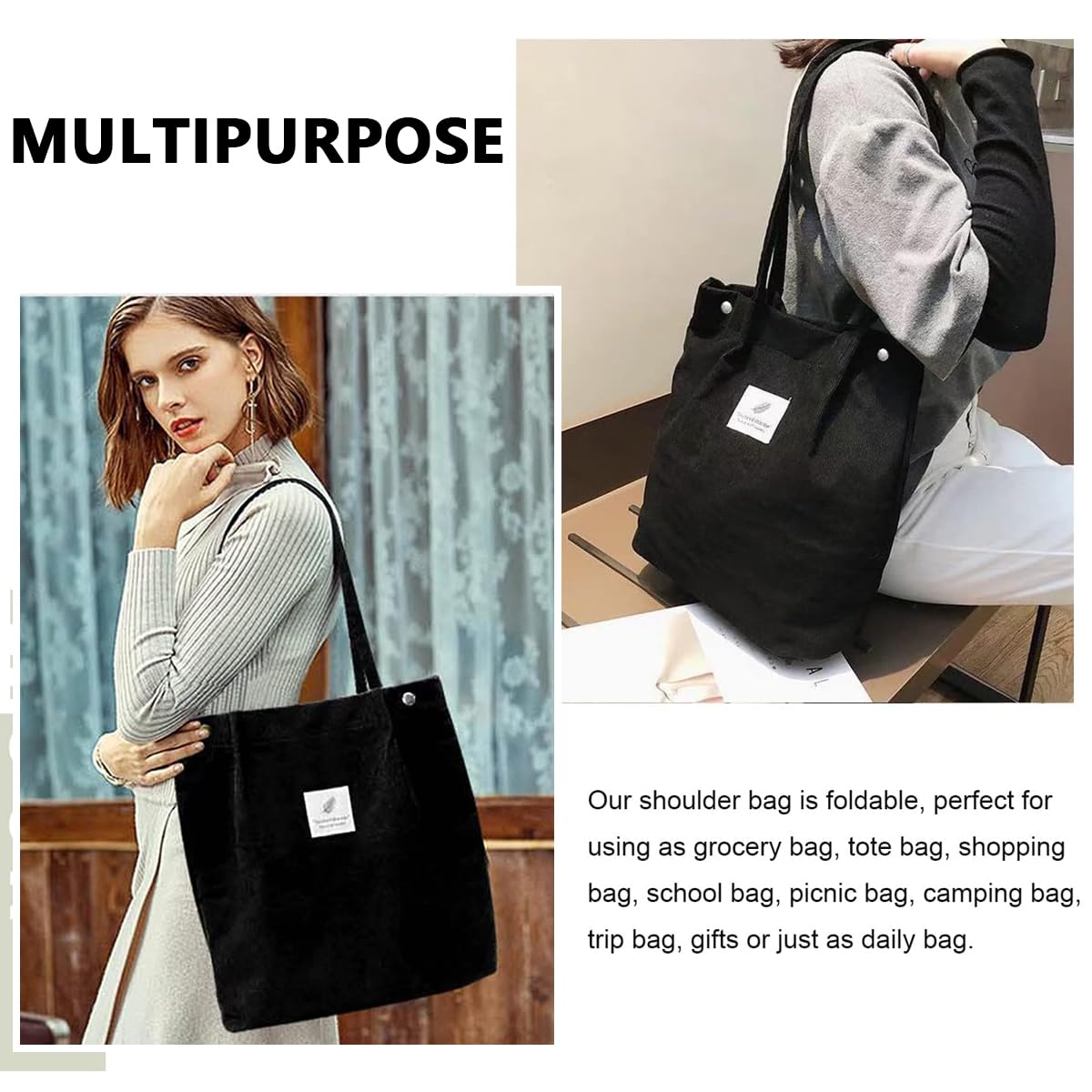 PALAY Tote Bag for Shopping and Daily Use featuring Snap Button Closure | Corduroy Black 39x12x35cm