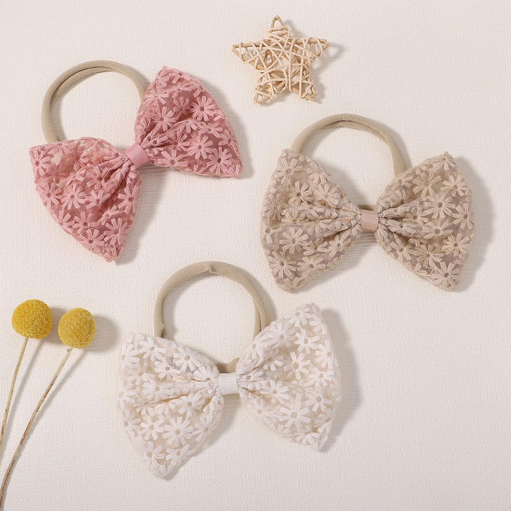 PALAY Hair Bands for Baby Girls with Embroidery Daisy Bows 8PCS Set for Newborns | Soft Nylon Handmade Accessories