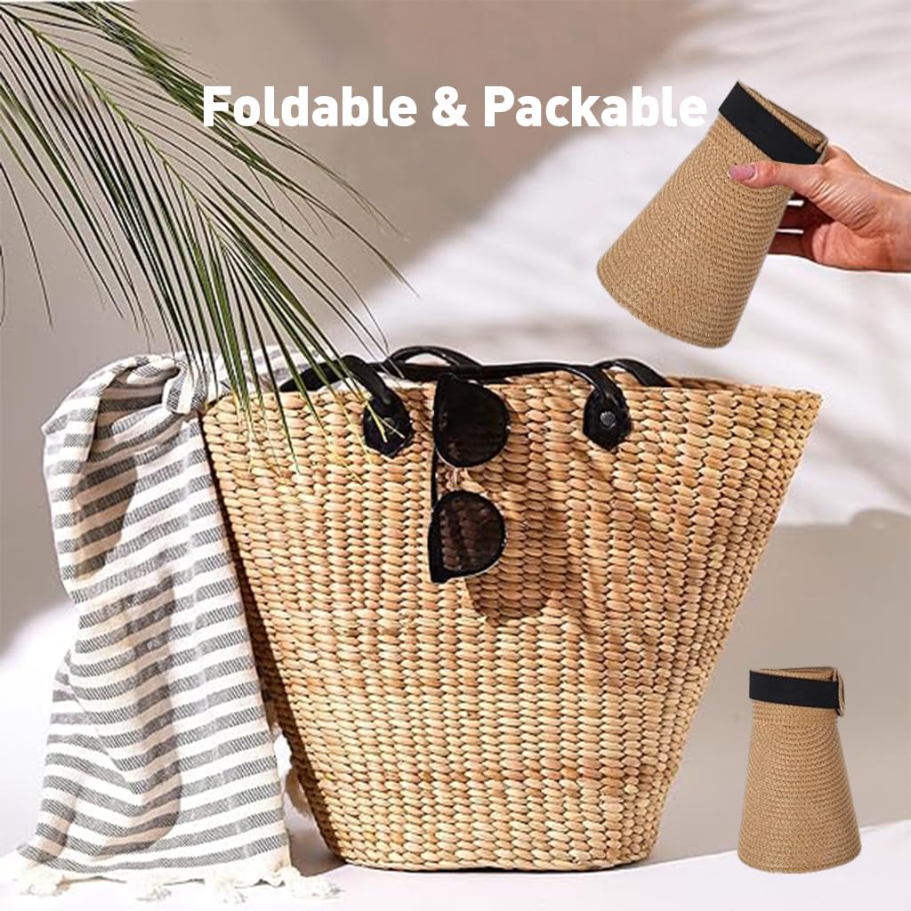 PALAY Womens Sun Visor Hat for Summer Travel with Adjustable Strap and UPF 50+ Straw Design | Khaki Beach Style