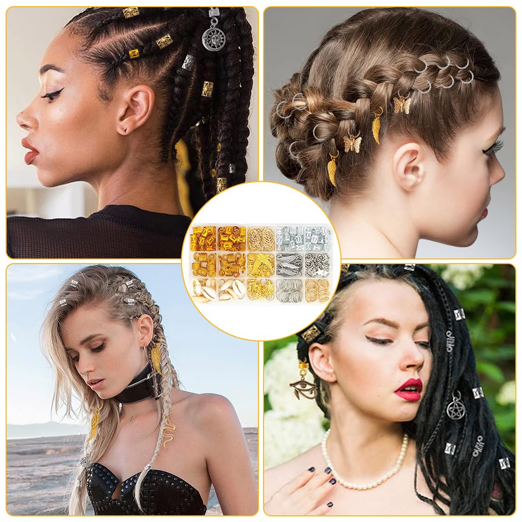 PALAY® 220 Pcs Hair Jewelry for Women Braids Alloy Hair Charms for Dreadlocks, Hair Extension Metal Hair Pendants Rings Cuffs Clips Hair Accessories for Women Girls