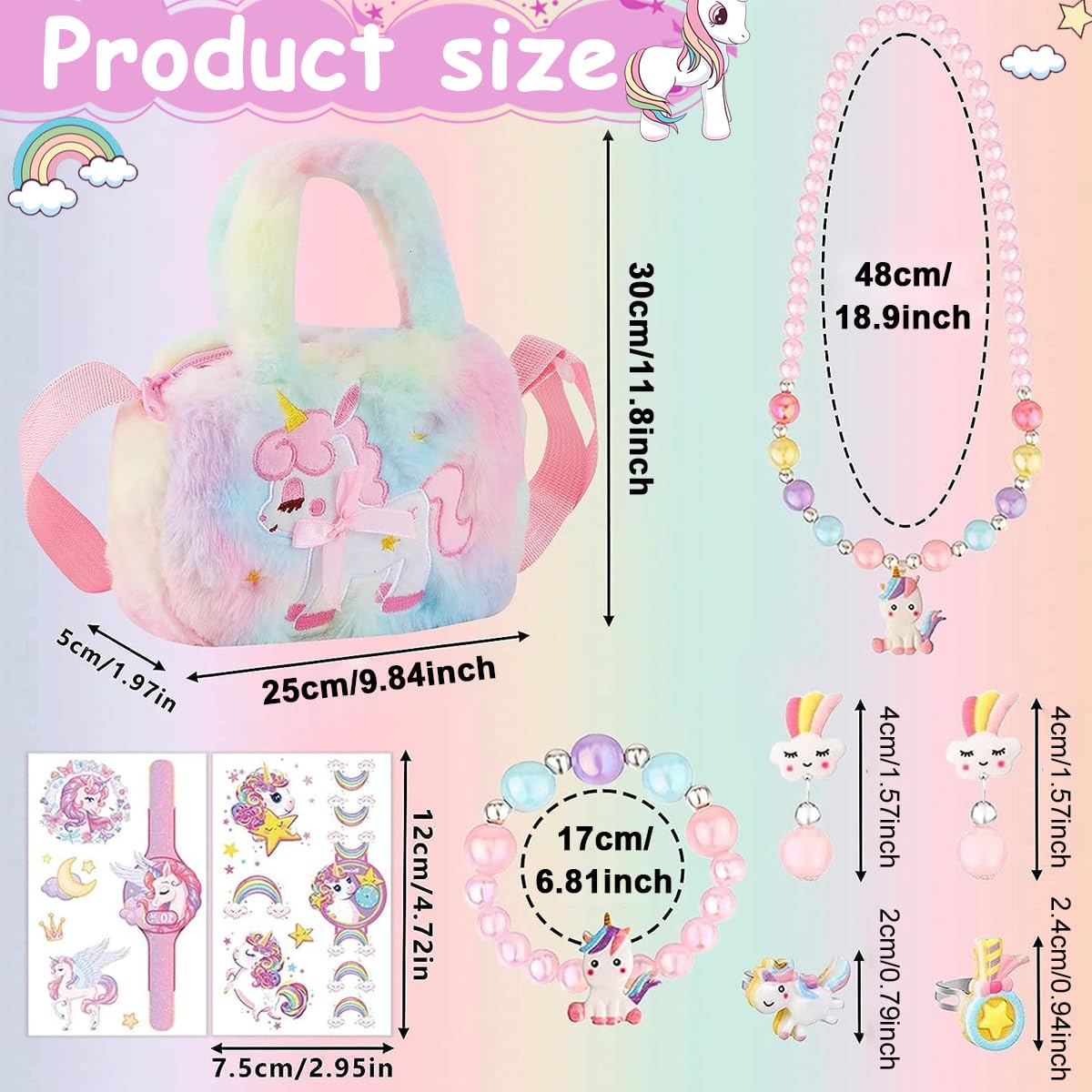 PALAY® Unicorn Crossbody Bag with Jewelry Set for Girls, Princess Plush Handbag Purse Beads Necklace Bracelet Earrings Rings and Stickers Set, Fashion Kids Costume Jewellery Party Dress up Gift