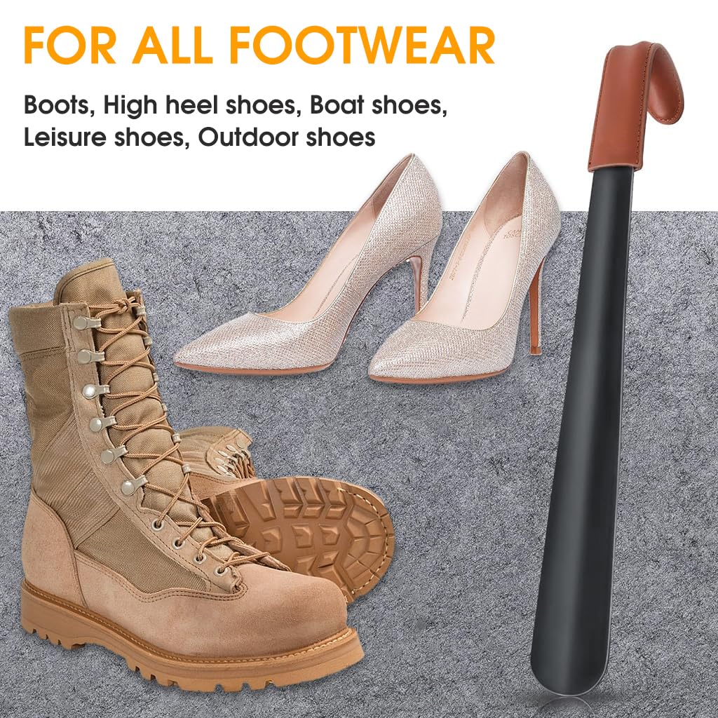PALAY Shoe Horn for Men and Women featuring 16.5 in Stainless Steel Body with Leather Handle Cover