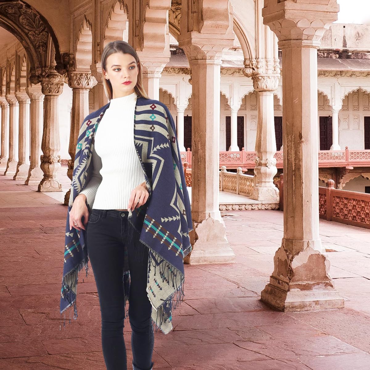 PALAY Womens Shawl for Winter and Indoor Outdoor Use with Front Loop 51 x 59 in | Soft Dacron Checked Wrap Black