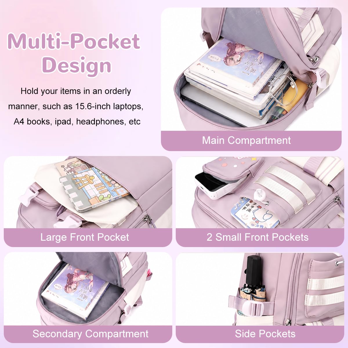 PALAY Pink Cat Trolley School Backpack with Wheels 2-in-1 Rolling School Bag
