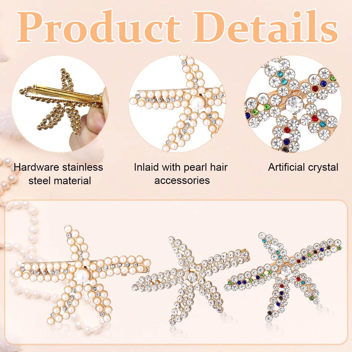 PALAY Starfish Hair Clips for Women with Rhinestones and Pearls 3pcs Set | Wedding Accessory