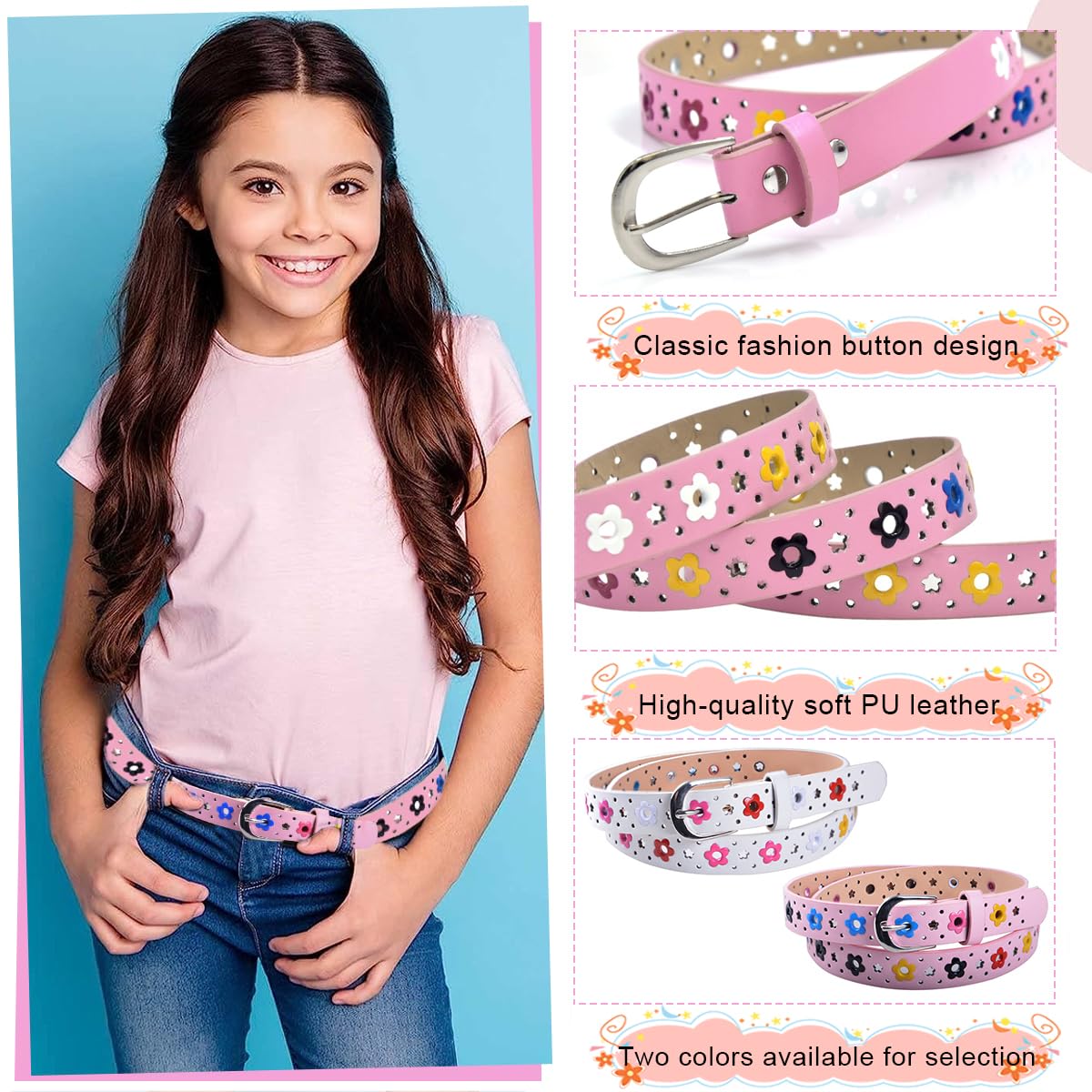 PALAY® 2 Pack Belt for Girls, Stylish PU Leather Girls Belt, Flower Hollow Cut Waist Belt for Jeans Pants Dress for Kids Girl 6-12 Years Old