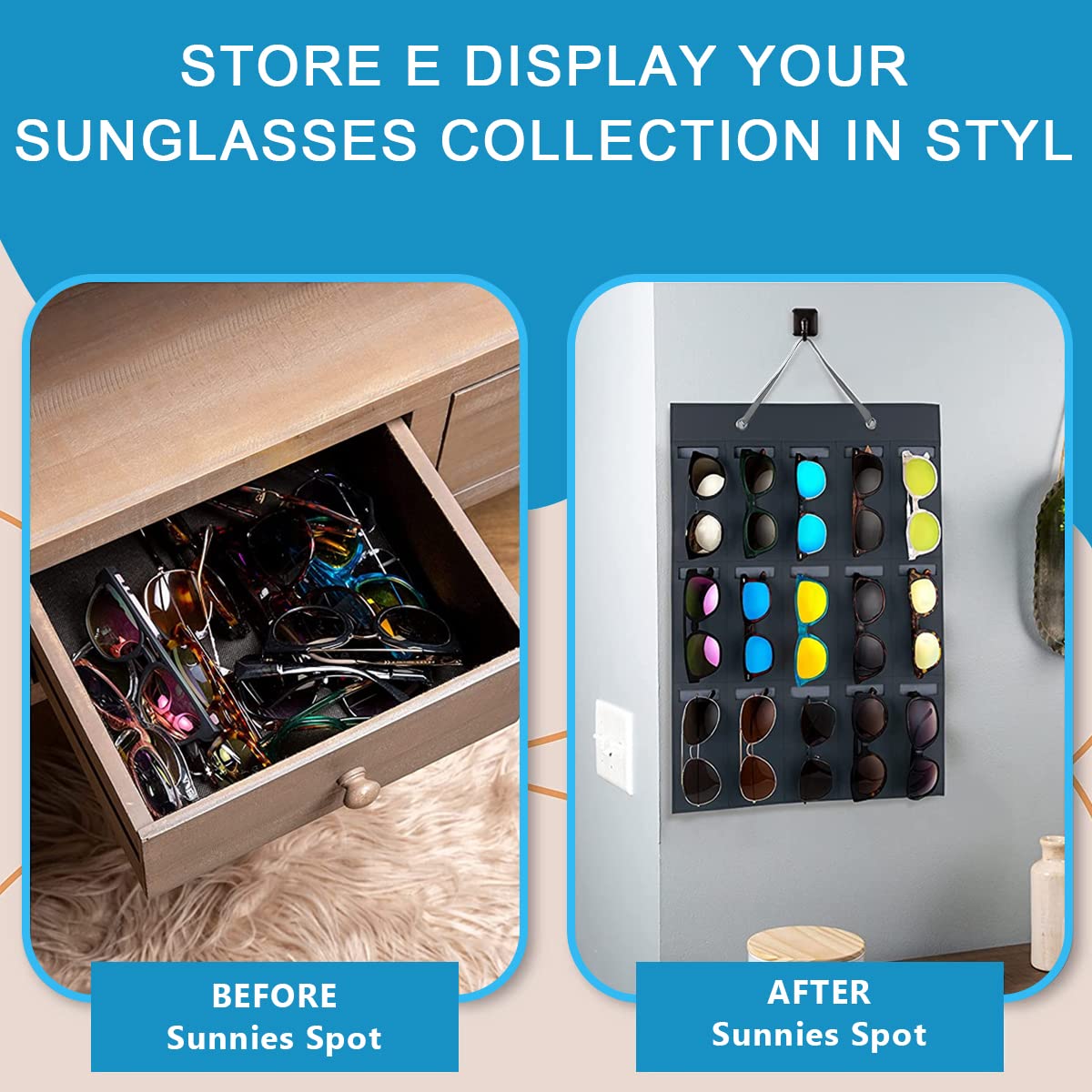 PALAY Sunglasses Organizer Box for 15 Pairs with Hanging Design and Felt Material | Wall Storage Display