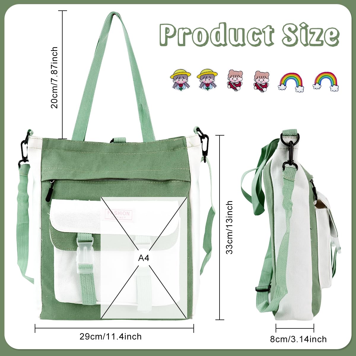 PALAY Tote Bag for College with Adjustable Backpack Straps and Easy Access Pouch 29x33cm