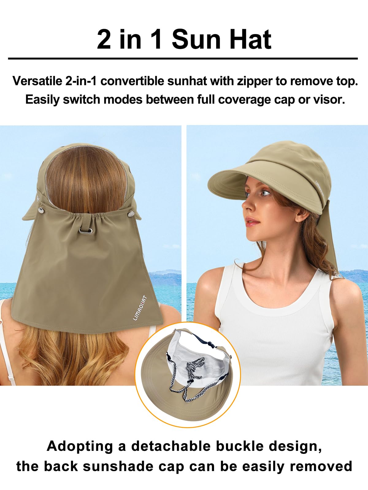 PALAY® Bucket Hat for Women Stylish Sun Hats for Girls, Fashion Wide Brim Hat for Women Sun Protection Cap Summer Hats Lightweight Quick Dry Ponytail Foldable Beach Hat - Khaki