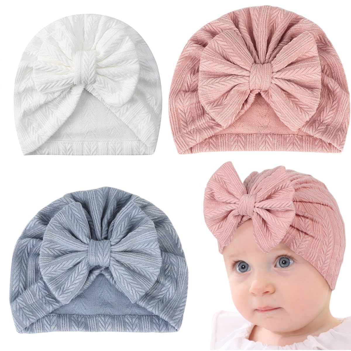 PALAY Baby Cap Set for 0–12 Months featuring Soft Stretchy Bow Turban | 3pcs Infant Gift
