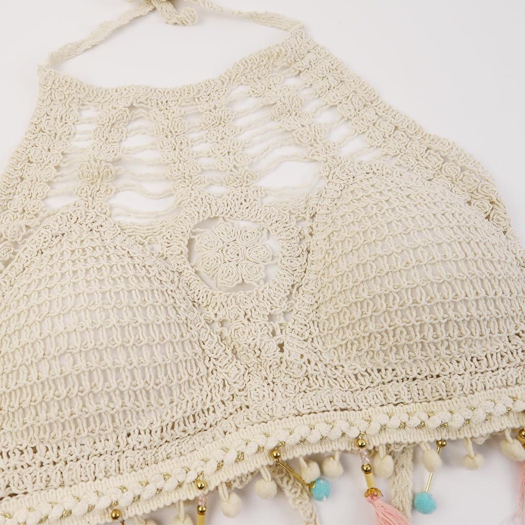PALAY Womens Crochet Bikini Top for Summer Beachwear with Tassels and Halter Tie | 3 PCS Boho Set