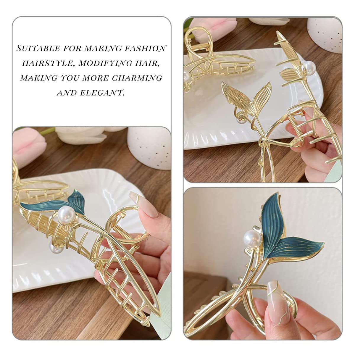 PALAY Hair Claw Clip Combo for Women with Mermaid Pearl and Flower Rhinestone | Elegant Metal Non Slip Clutcher for Updos and Styling