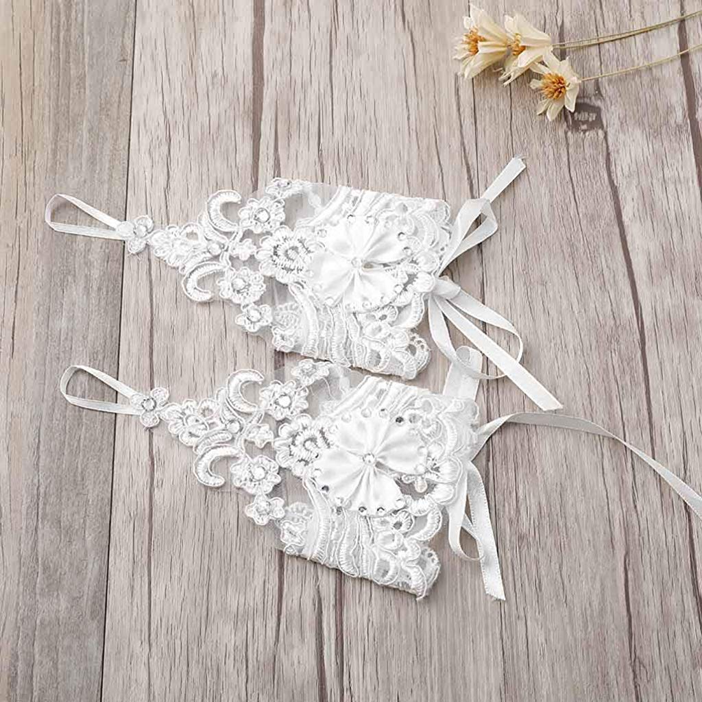 PALAY® Bridal Gloves White for Wedding Lady Formal Banquet Party Bride Bowknot Rhinestone Pierced Lace Wedding