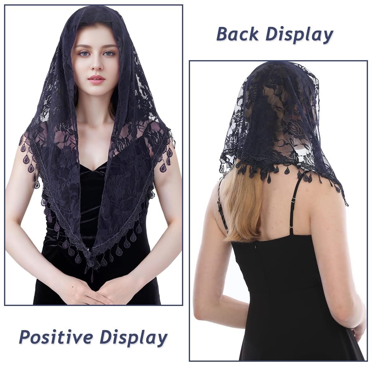 PALAY® Lace Mantilla Mass Veil Triangle Head Scarf for Women Tassle Rose Jacquard Church Veil Cathedral Headwear Head Covering for Ladies - Navy Blue