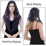 PALAY® Lace Mantilla Mass Veil Triangle Head Scarf for Women Tassle Rose Jacquard Church Veil Cathedral Headwear Head Covering for Ladies - Navy Blue