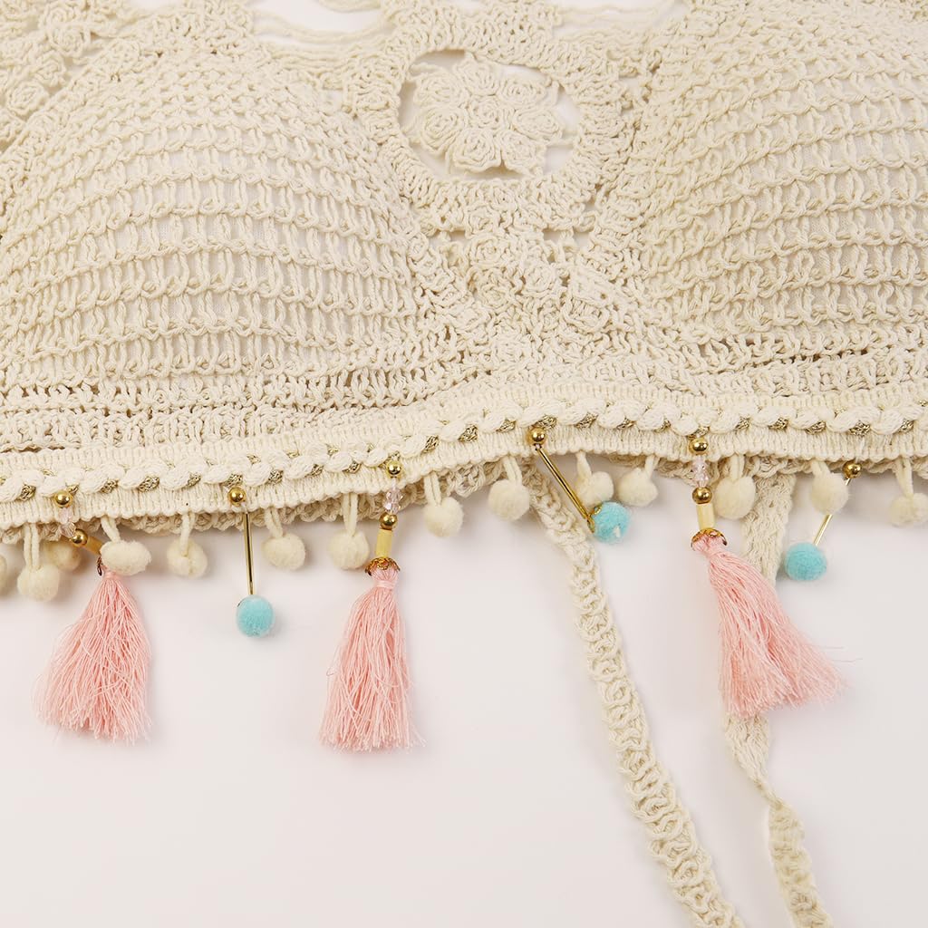PALAY Womens Crochet Bikini Top for Summer Beachwear with Tassels and Halter Tie | 3 PCS Boho Set