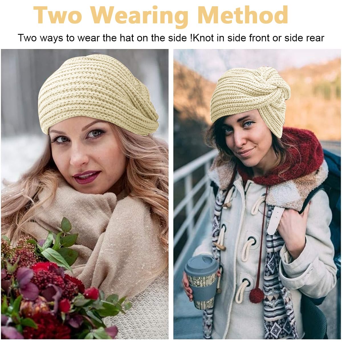 PALAY Turban Winter Cap for Women with Crochet Knit Design in Beige | Warm Acrylic Fabric