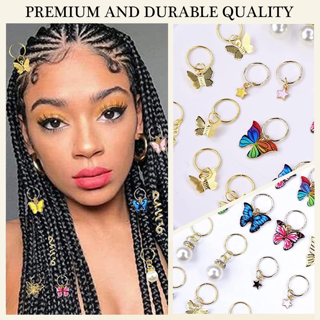 PALAY® 20Pcs Butterfly Charms Hair Rings Butterfly Pendent Charms for Dreadlocks Girls Hair Accessories Butterfly Ring Charms Pearl Rings Charms for Braids Pendent Charms Hair Styling Accessories