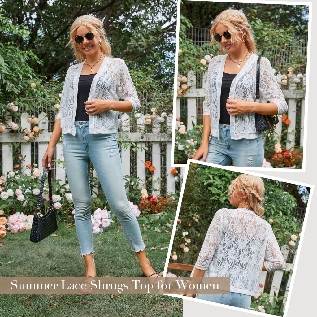 PALAY Womens Lace Cardigan for Summer Outfits featuring 3/4 Sleeves and Open Front Design