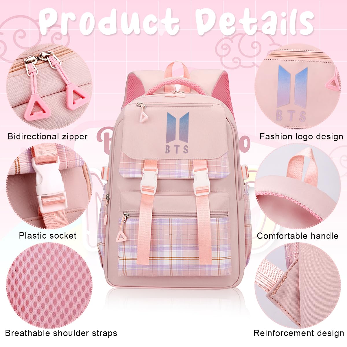 PALAY® BTS Backpack for School Girls 6-12 Years Old Teens Fashion Checked Print BTS School Backpack Large Multi Layer Book Bag Travel Backpack for Teens Students School Gift for Girls, Pink
