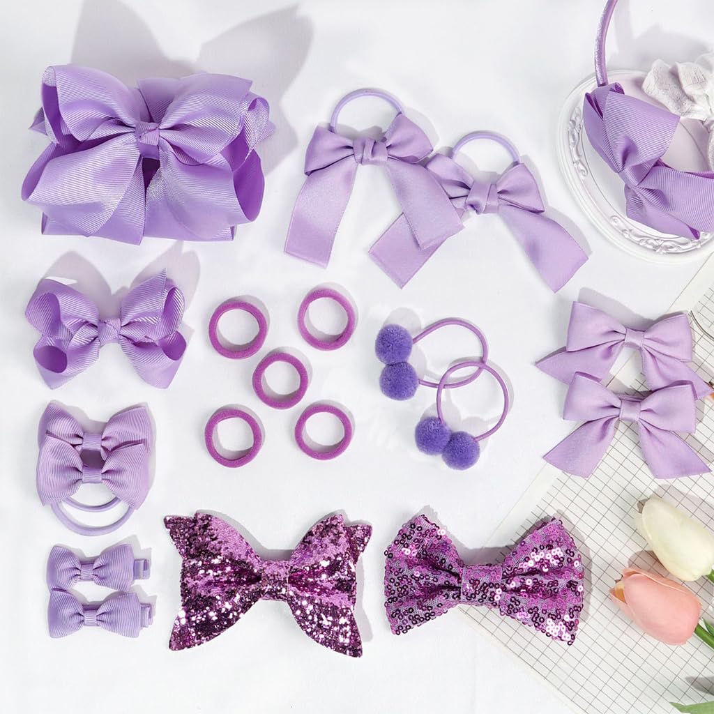 PALAY Hair Clips Set of 15 for Girls featuring Sequin Bows and Purple Headbands | School and Party Accessories