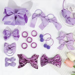 PALAY Hair Clips Set of 15 for Girls featuring Sequin Bows and Purple Headbands | School and Party Accessories