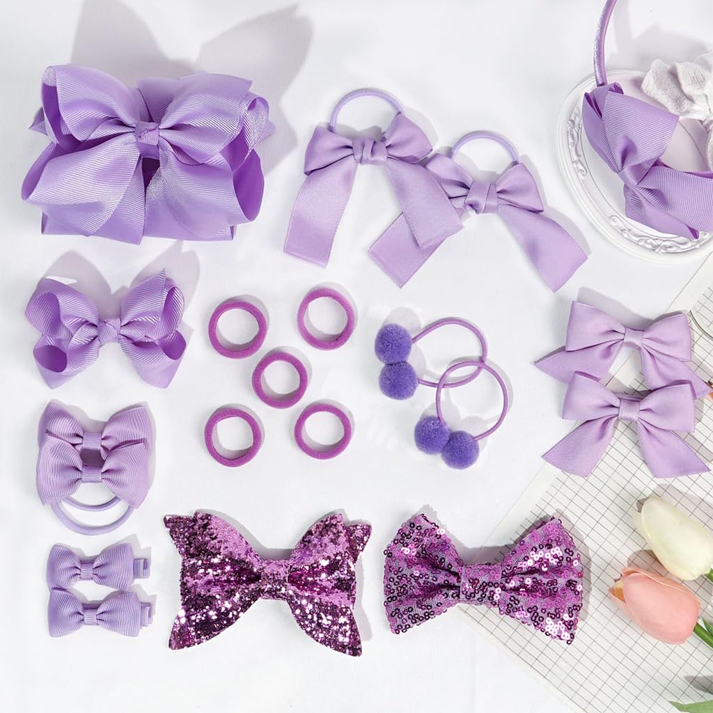 PALAY® Set of 15 Kawaii Bow Hair Accessories for Girls Purple Bow Hair Ties Purple Sequin Bow Barrette Hair Clips Headband Purple Hair Elastics Fashion Princess Girls Hair Accessories Head Pieces