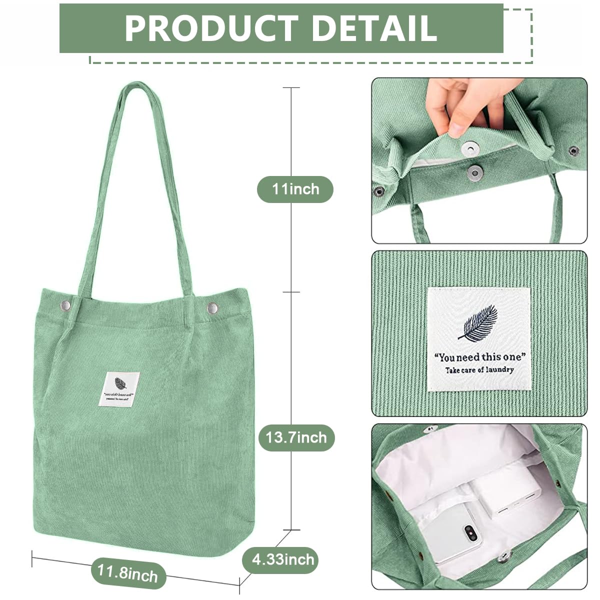 PALAY Tote Bags for Women with Reinforced Handles and L39xW12xH35cm Large Capacity | Green Corduroy Shoulder Bag for Work School and Travel