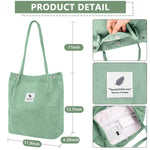 PALAY Tote Bags for Women with Reinforced Handles and L39xW12xH35cm Large Capacity | Green Corduroy Shoulder Bag for Work School and Travel
