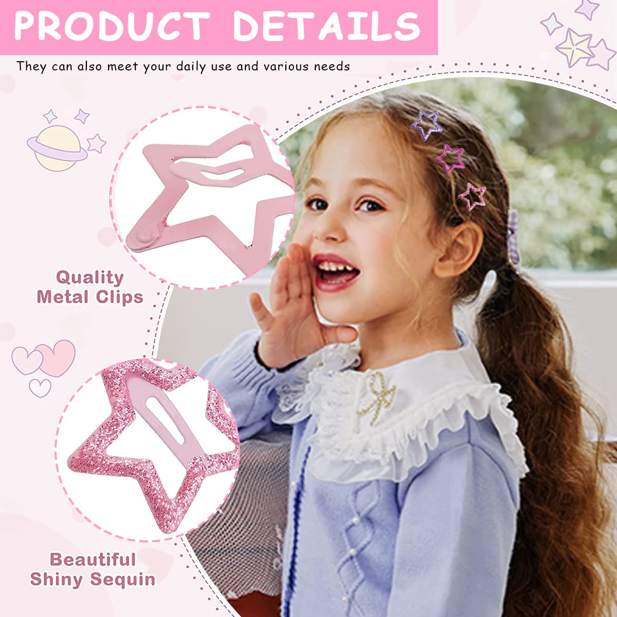 PALAY® Snap Hair Clips For Girls Kids, 20Pcs Shining Stars Metal Hair Barrettes Non-Slip Colorful Cute Hair Accessories For Toddlers Teen Girls, Multi-Colour