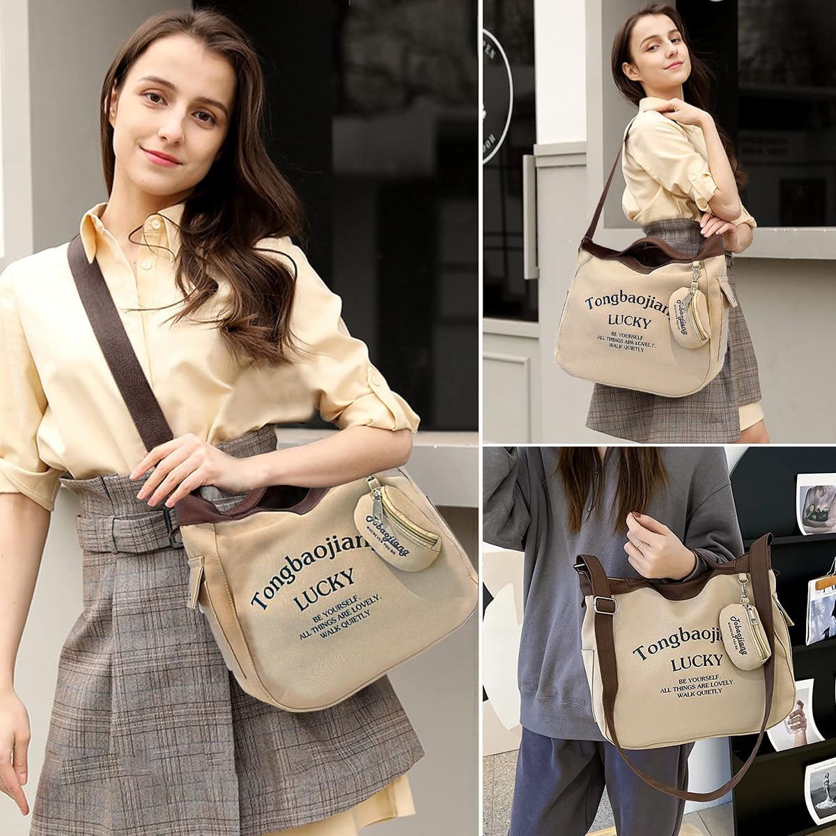 PALAY Canvas Bag for Women featuring zip closure and coin bag | 30x17x30cm khaki tote