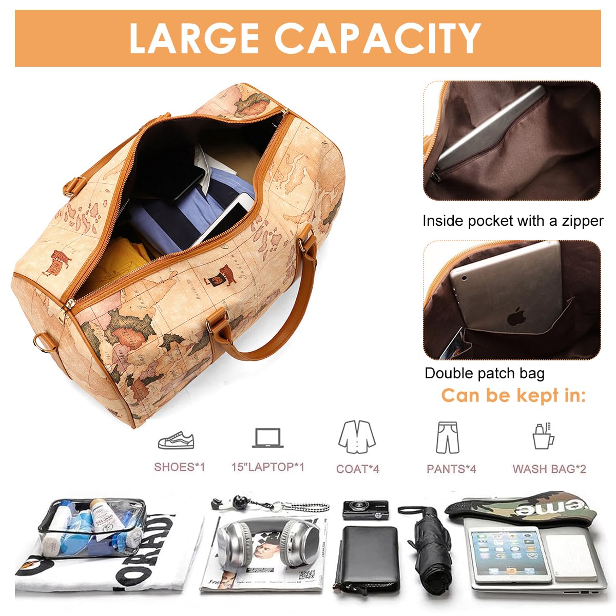 PALAY Tote Bag for Travel with 48x24x30cm Capacity featuring Removable Strap and Waterproof PU | World Map Retro Print