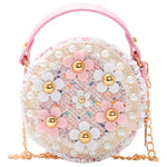 PALAY® Mini Floral Tweed Handbag Round Sling Bag Flower Appliqué, Top Handle Cute Pastel Crossbody/Shoulder Bag for Kids Dress-Up, Parties & Casual, 12x5x12cm