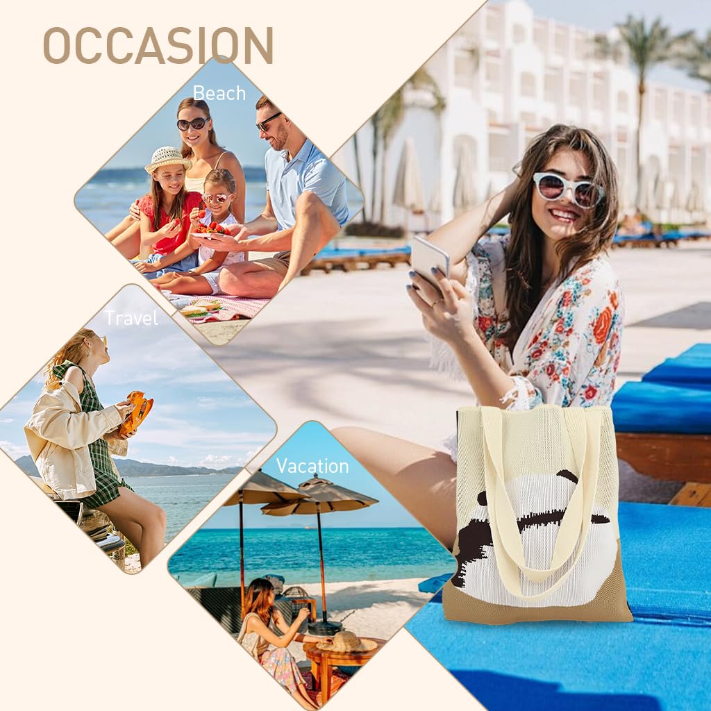 PALAY Hand Bags for Women 30.5 x 37 cm with Double Side Knitting Panda and Flower Design | Acrylic Crochet Tote for Office and College Use
