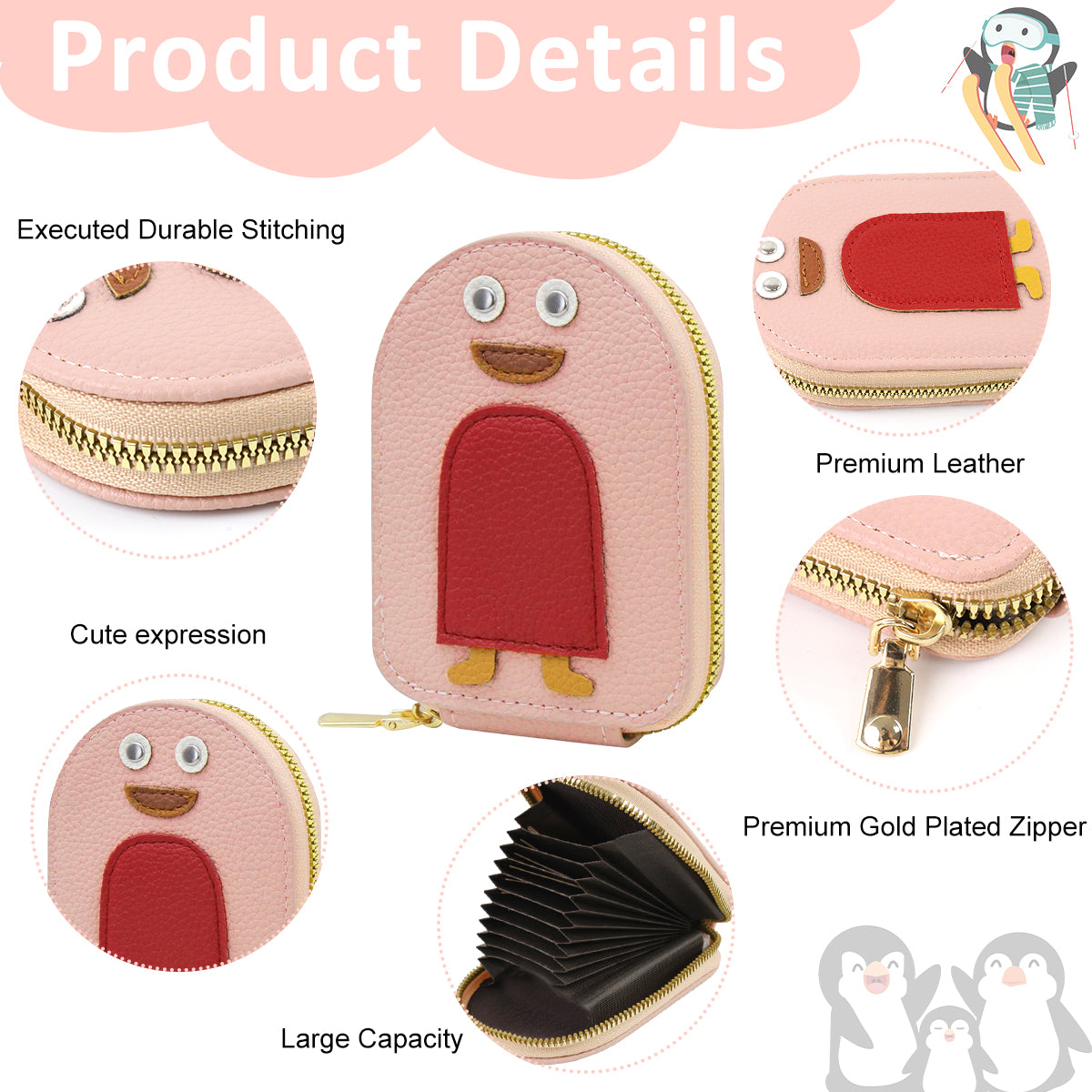 PALAY® Girls Card Bag Travel Card Holder with 10 Compartments Wallet Organizer Bag Zipper Pouch PU Cartoon Penguin Zipper Card Bag RFID Blocking Travel