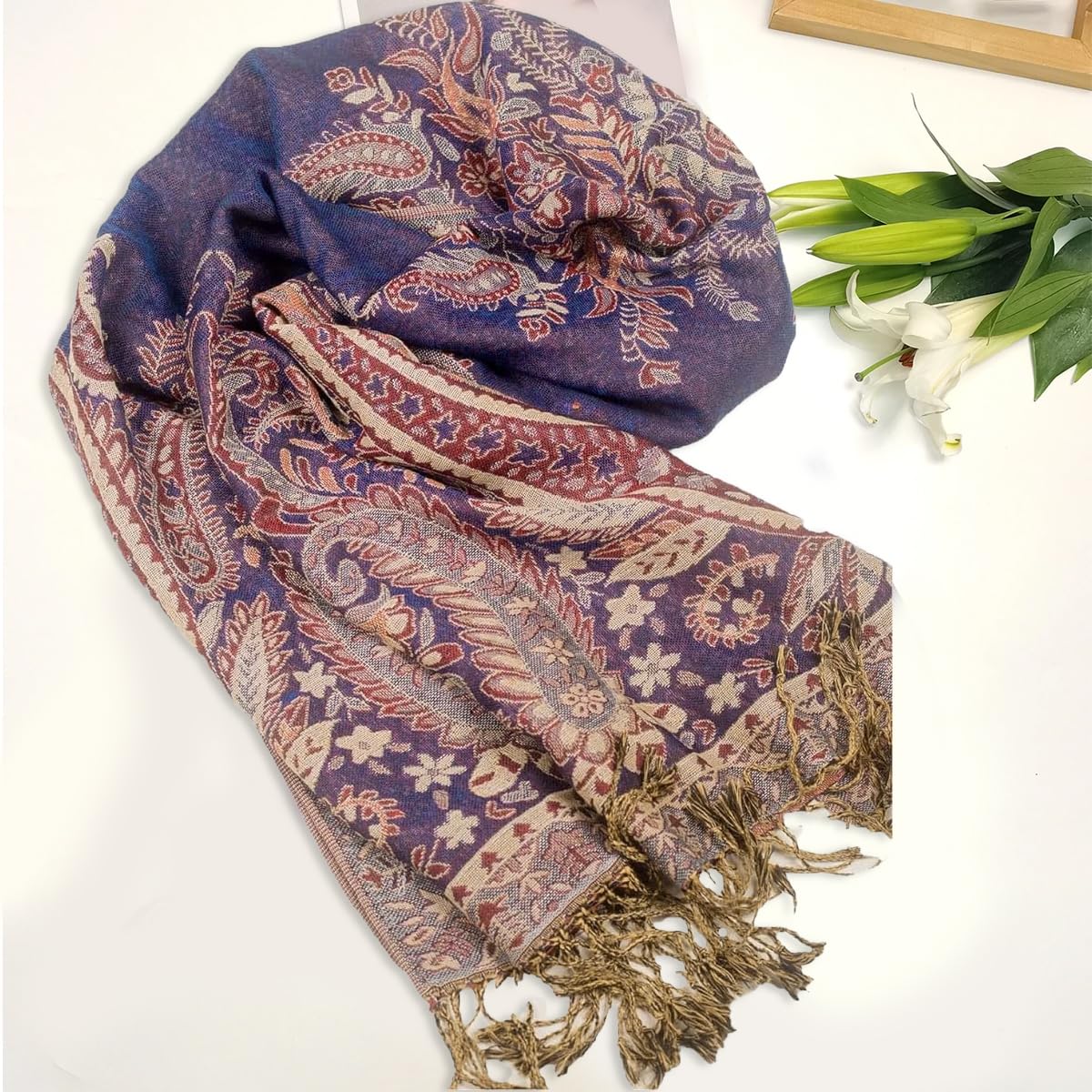 PALAY Scarf for Women with Tassels and Jacquard Print 200x70 cm Satin Wrap | Elegant Shawl
