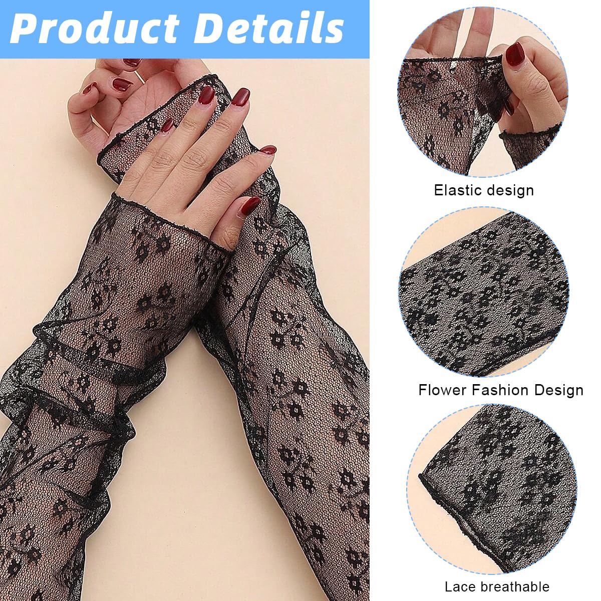 PALAY Lace Gloves for Women with Elegant Floral Mesh Design and 15.6 in Arm Length | Black Fingerless Bridal Accessory