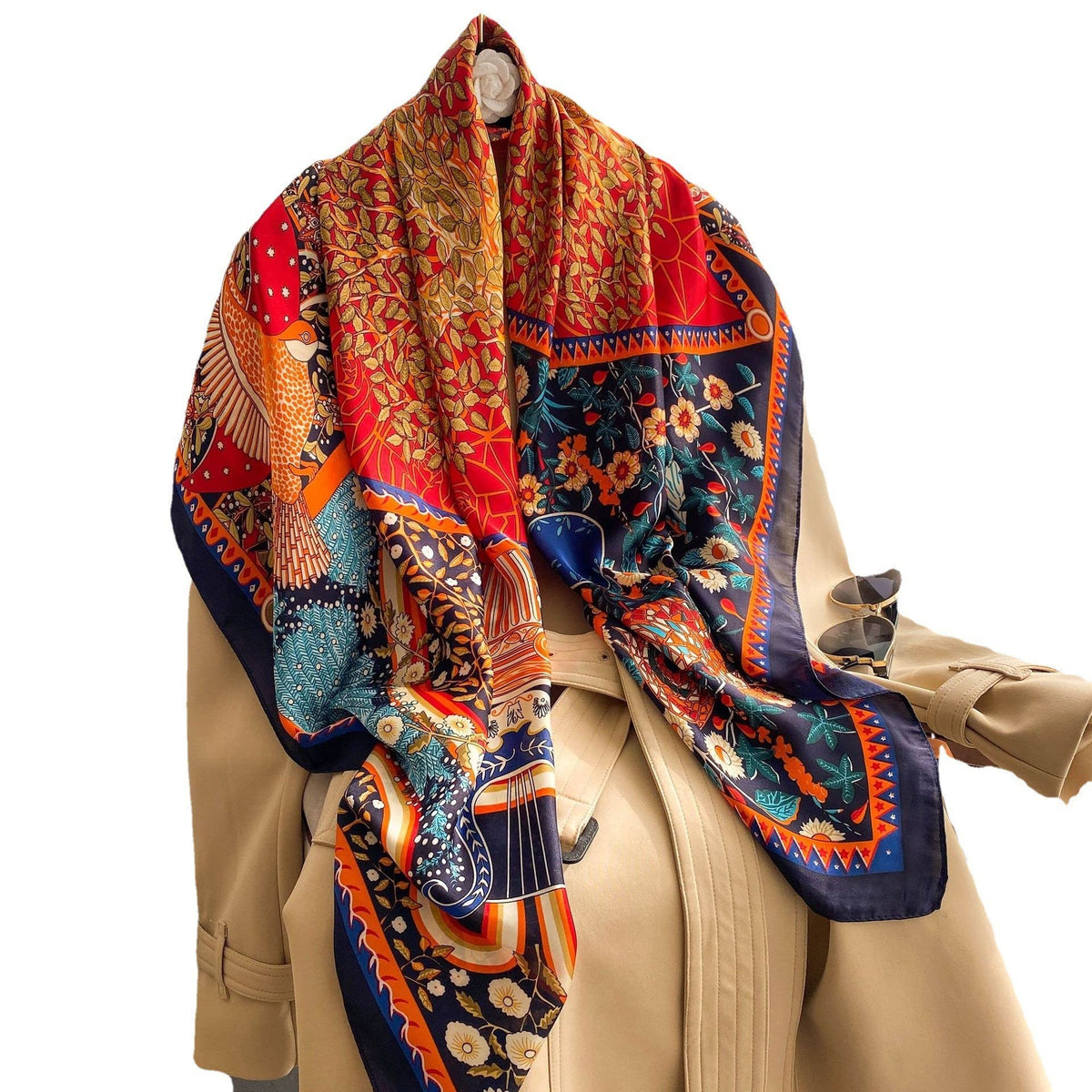 PALAY Satin Scarf for Women 43.5×43.5 in with Tree of Life Print | Silky Polyester Shawl