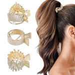 PALAY® 3pcs Ponytail Holder Hair Claw Clips for Women, Metal Ponytail Hair Clip, Rhinestone Claw Clips Aesthetic 1.77Inch Small Hair Clips for High Ponytail Thick Long Hair (Gold)