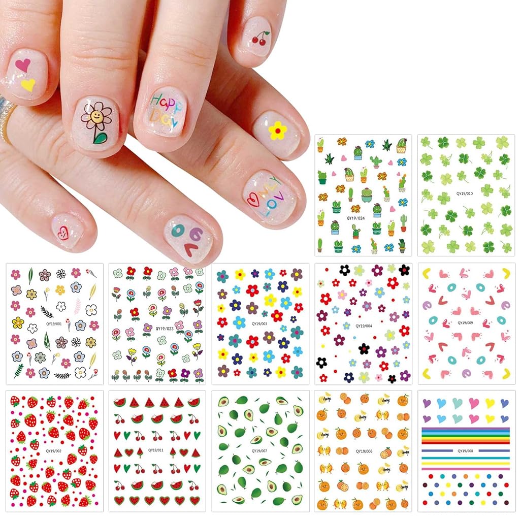 PALAY® 14 hojas de pegatinas para uñas bonitas para niños, pegatinas para decoración de uñas, pegatinas autoadhesivas, pegatinas para uñas, arcoíris, flores, frutas, suministros para uñas