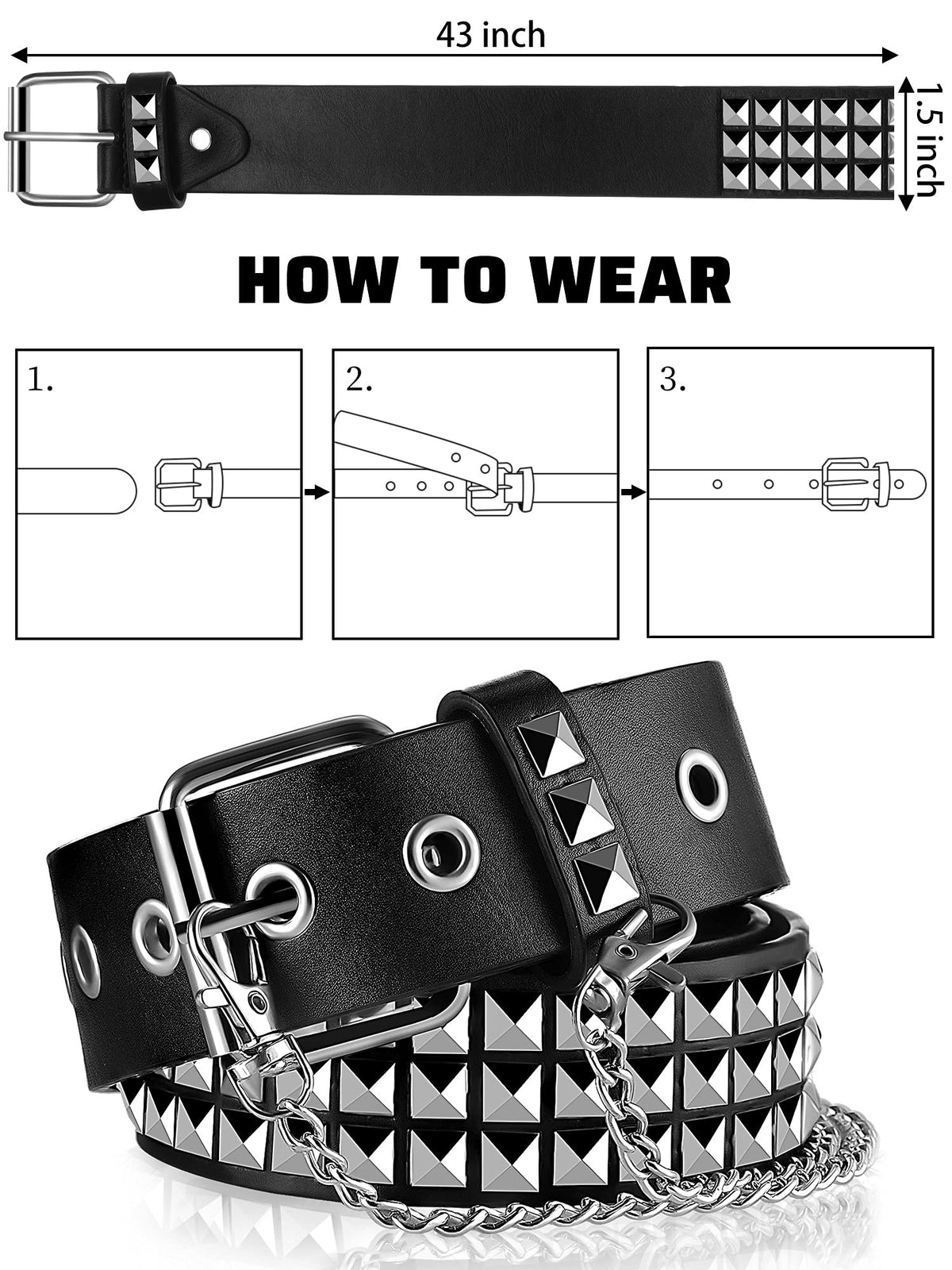 PALAY Punk Rock Studded Belt for Women featuring Three Rows of Studs 113cm PU Leather | 2 PCS Black
