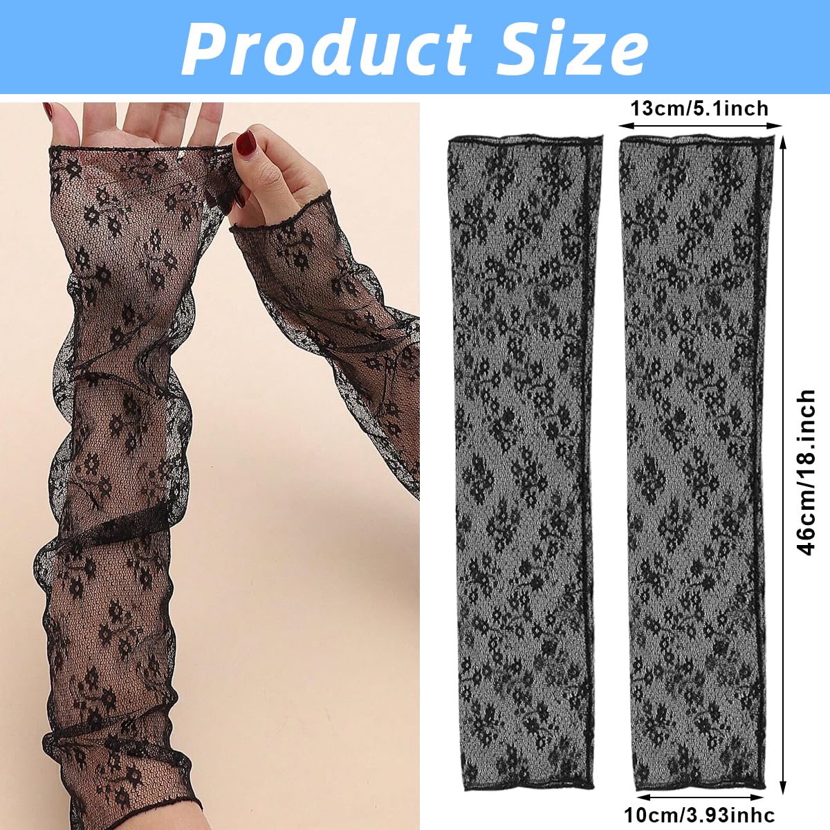PALAY Lace Gloves for Women with Elegant Floral Mesh Design and 15.6 in Arm Length | Black Fingerless Bridal Accessory